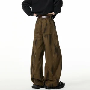 Y2K Autumn Barrel Jeans with Pleated Distressed Design