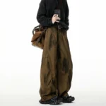 Y2K Autumn Barrel Jeans with Pleated Distressed Design