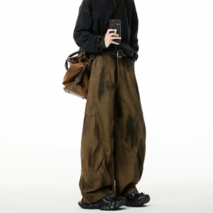 Y2K Autumn Barrel Jeans with Pleated Distressed Design