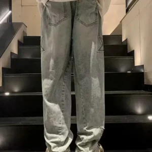 Star Embroidered Y2K Baggy Straight Leg Washed Jeans