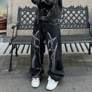 Cyber Embroidery Y2K Baggy Stacked Denim Jeans