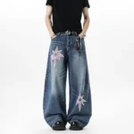 Y2K Wide-Leg Barrel Jeans with Star Patchwork Embroidery