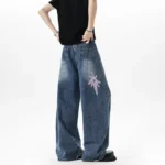 Y2K Wide-Leg Barrel Jeans with Star Patchwork Embroidery
