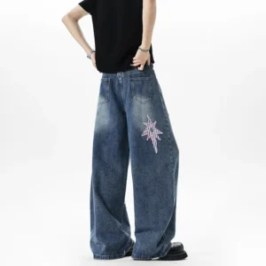 Y2K Wide-Leg Barrel Jeans with Star Patchwork Embroidery